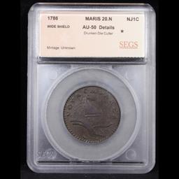 ***Auction Highlight*** 1786 NJ Maris 20-N R-4 'Drunken Die Cutter" Colonial 1c Graded au50 details