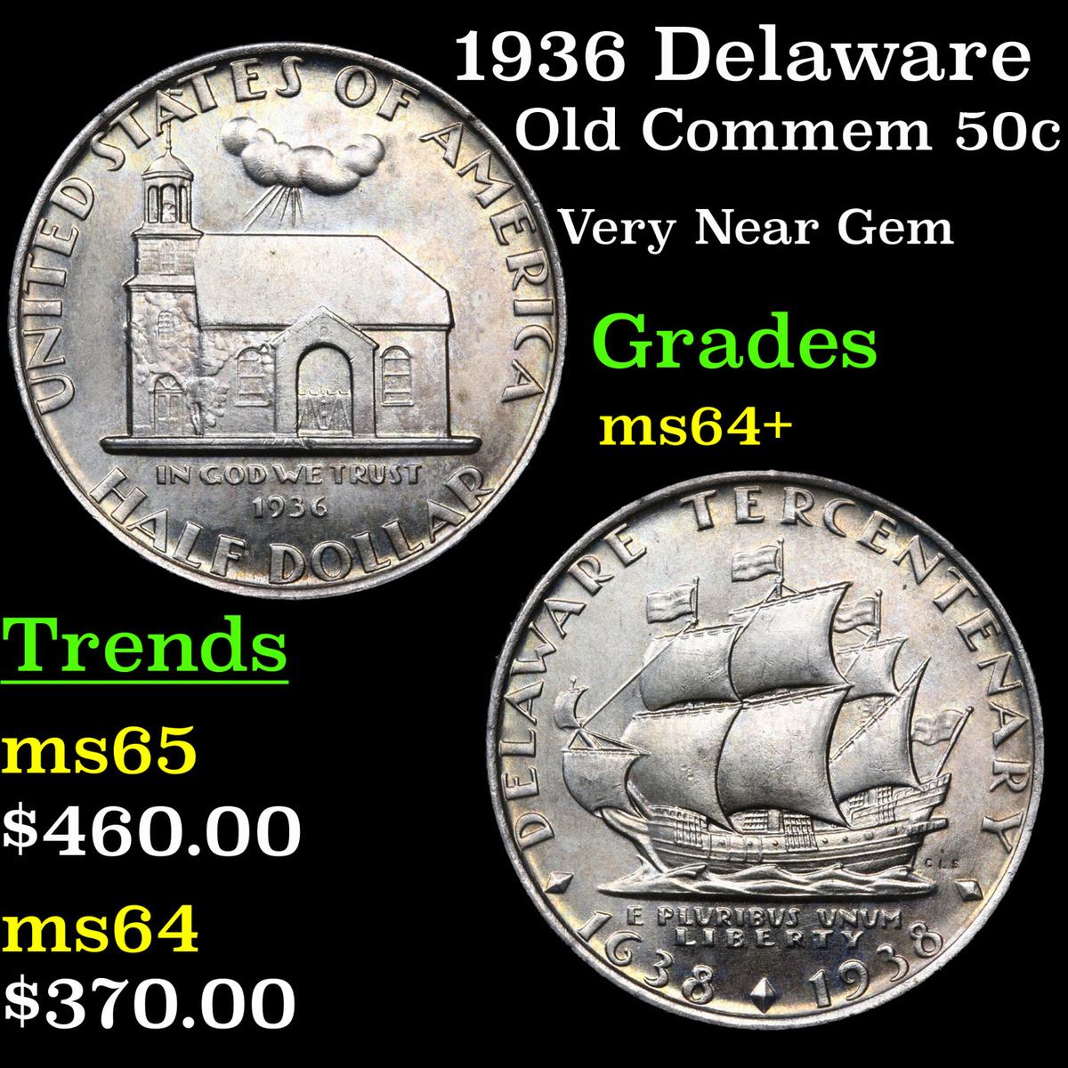 1936 Delaware Old Commem Half Dollar 50c Grades Choice+ Unc
