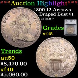 ***Auction Highlight*** 1800 BB-192 B-19  Draped Bust Dollar $1 Graded xf45 By SEGS (fc)