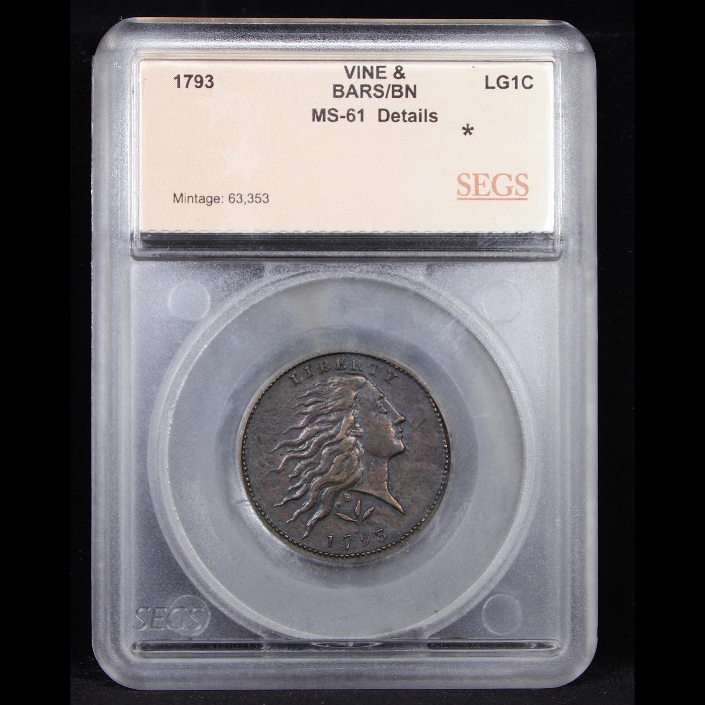 ***Auction Highlight*** 1793 Wreath  Vine & Bars S-10 Flowing Hair large cent 1c Graded ms61 details