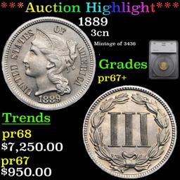 Proof ***Auction Highlight*** 1889 Three Cent Copper Nickel 3cn Graded pr67+ By SEGS (fc)