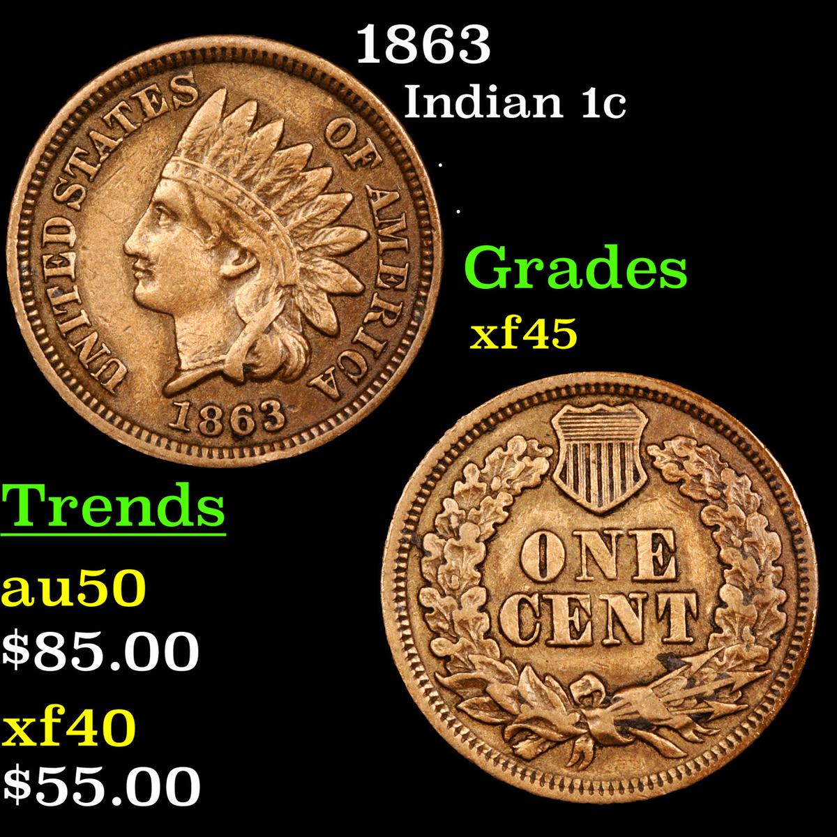 1863 Indian Cent 1c Graded xf+