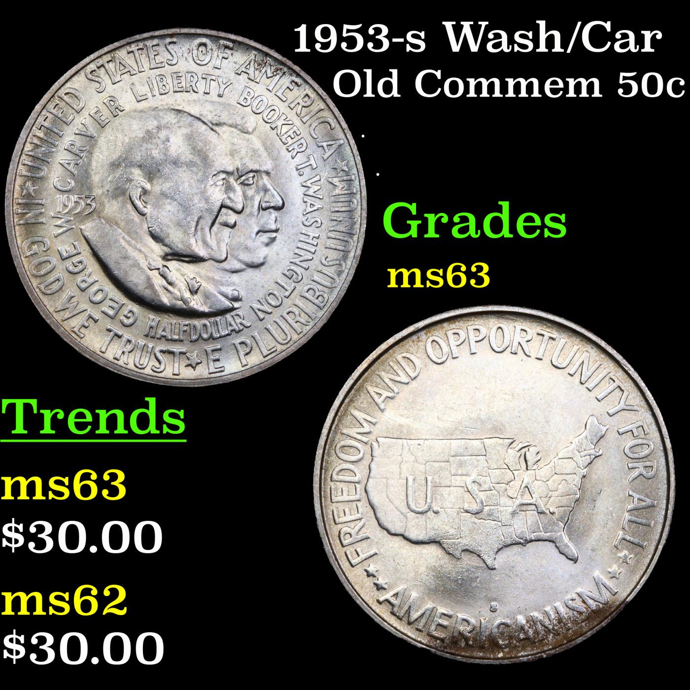 1953-s Wash/Car Old Commem Half Dollar 50c Graded Select Unc