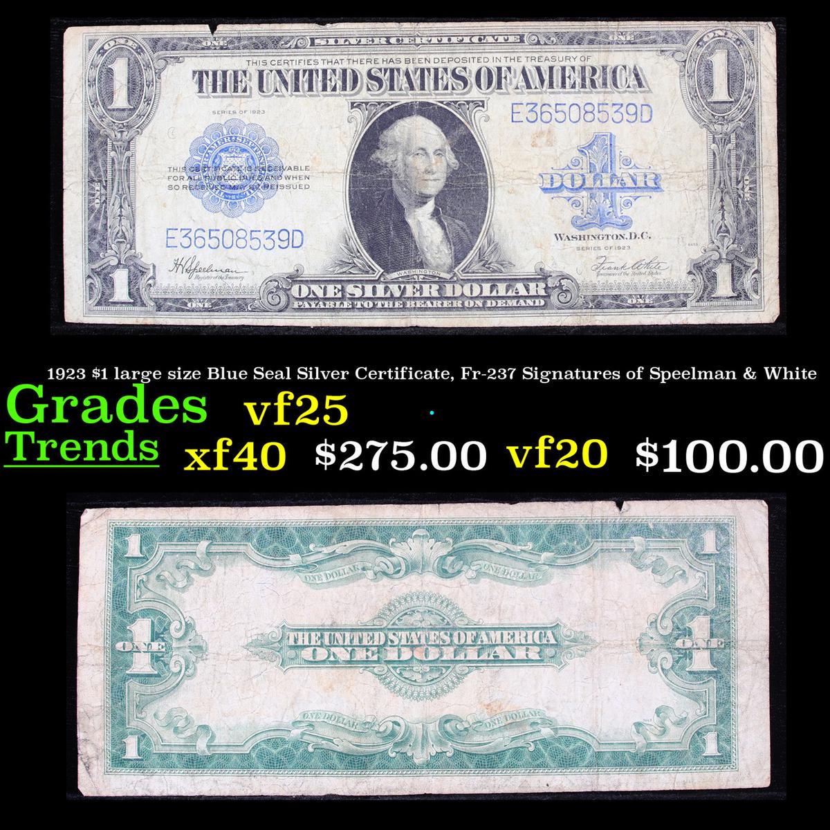 1923 $1 large size Blue Seal Silver Certificate, Fr-237 Signatures of Speelman & White Grades vf+