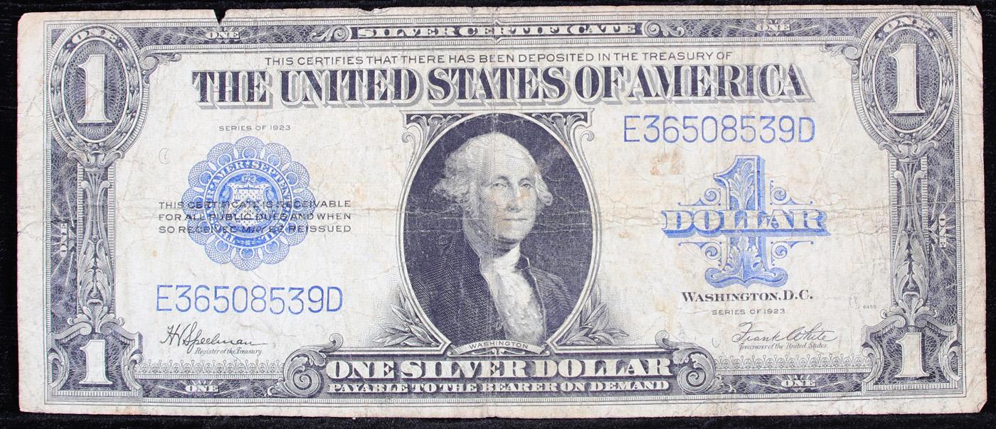 1923 $1 large size Blue Seal Silver Certificate, Fr-237 Signatures of Speelman & White Grades vf+