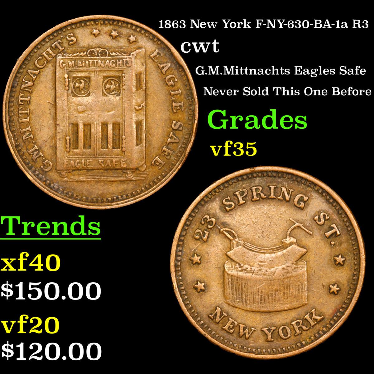 1863 New York F-NY-630-BA-1a R3 Civil War Token 1c Grades vf++