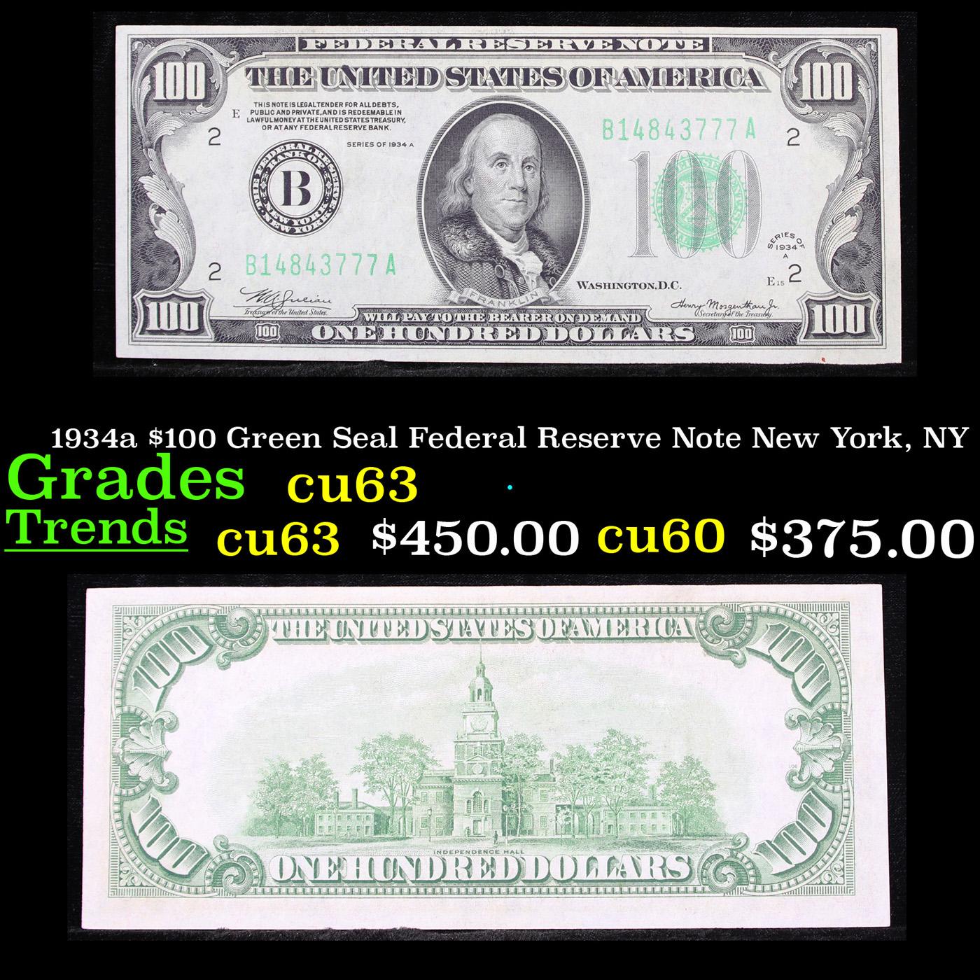 1934a $100 Green Seal Federal Reserve Note New York, NY Grades Select CU