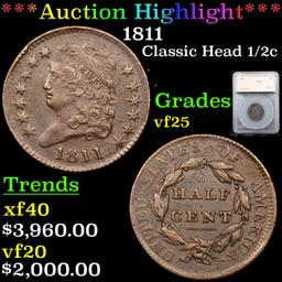 ***Auction Highlight*** 1811 Classic Head Large Half Cent 1/2c Graded vf25 By SEGS (fc)