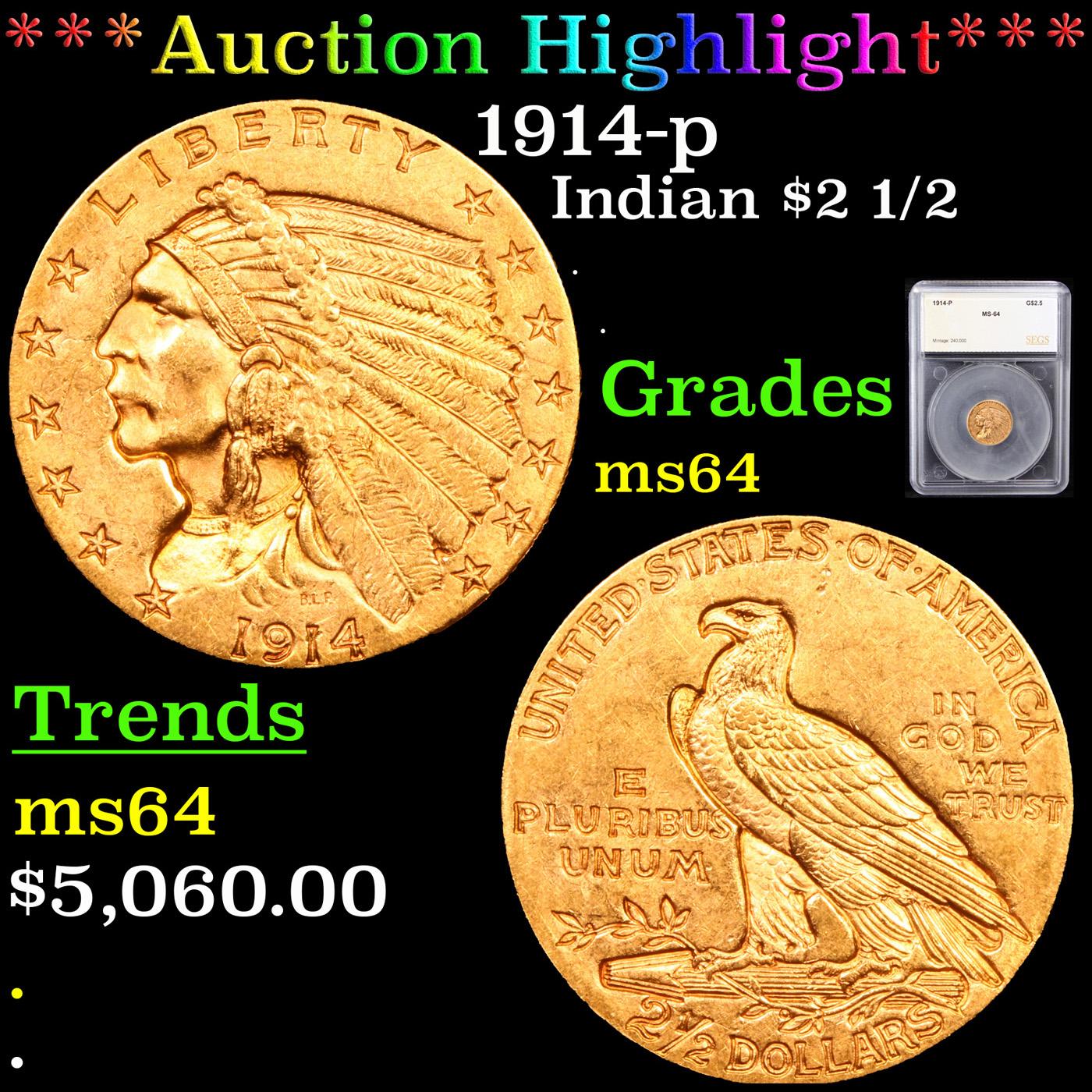 ***Auction Highlight*** 1914-p Gold Indian Quarter Eagle $2 1/2 Graded ms64 By SEGS (fc)