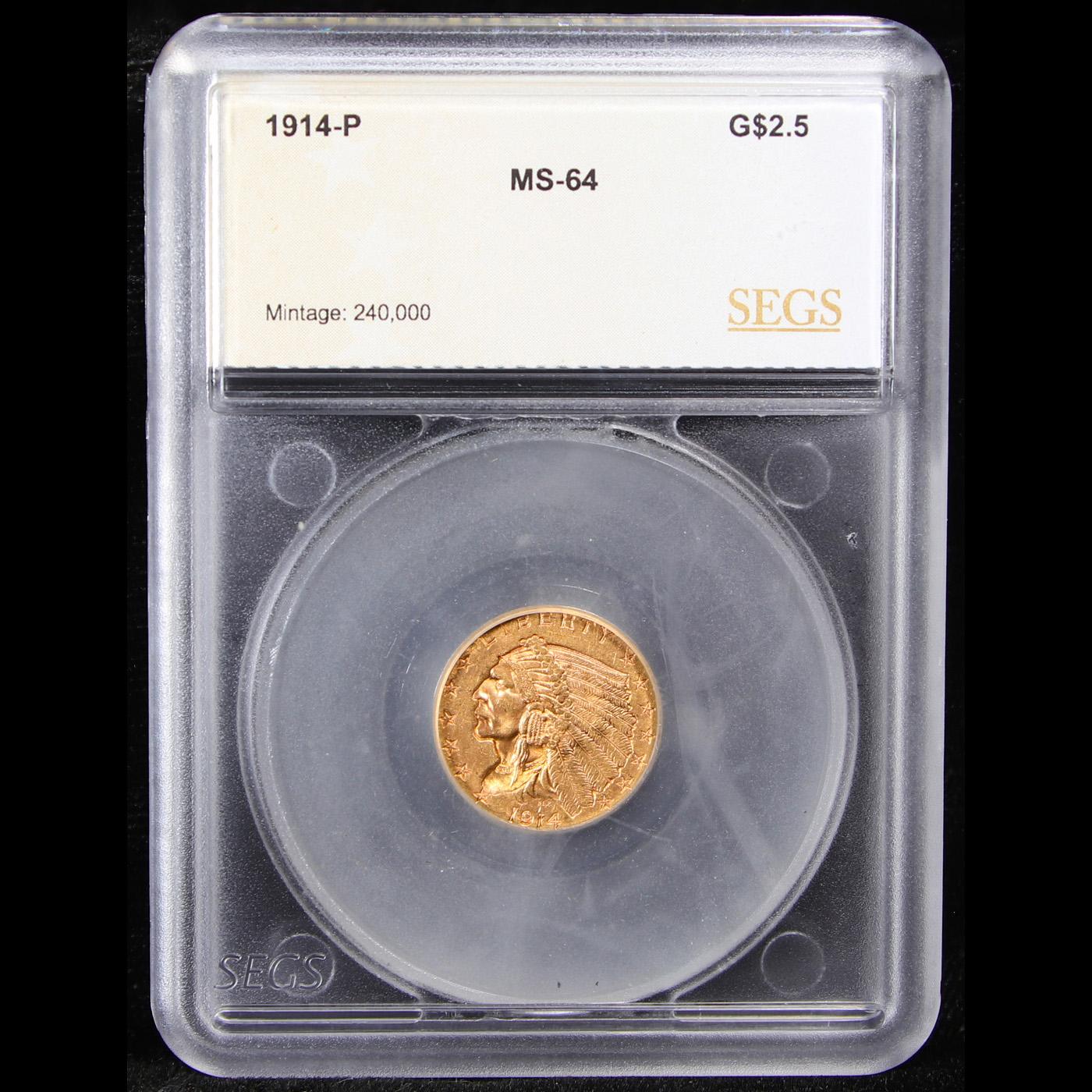 ***Auction Highlight*** 1914-p Gold Indian Quarter Eagle $2 1/2 Graded ms64 By SEGS (fc)