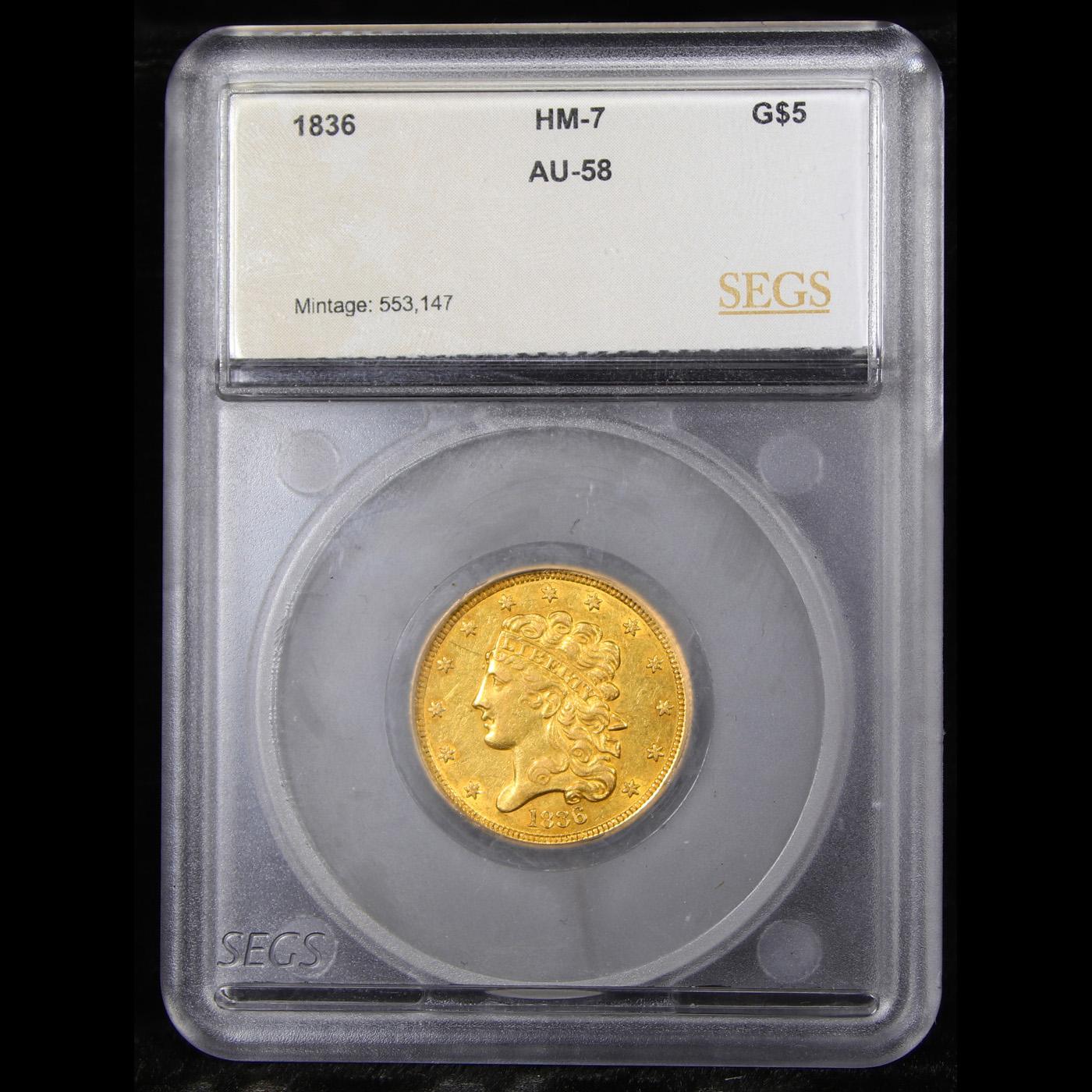 ***Auction Highlight*** 1836-p HM-7 5-G Classic Head $5 Gold Graded au58 By SEGS (fc)
