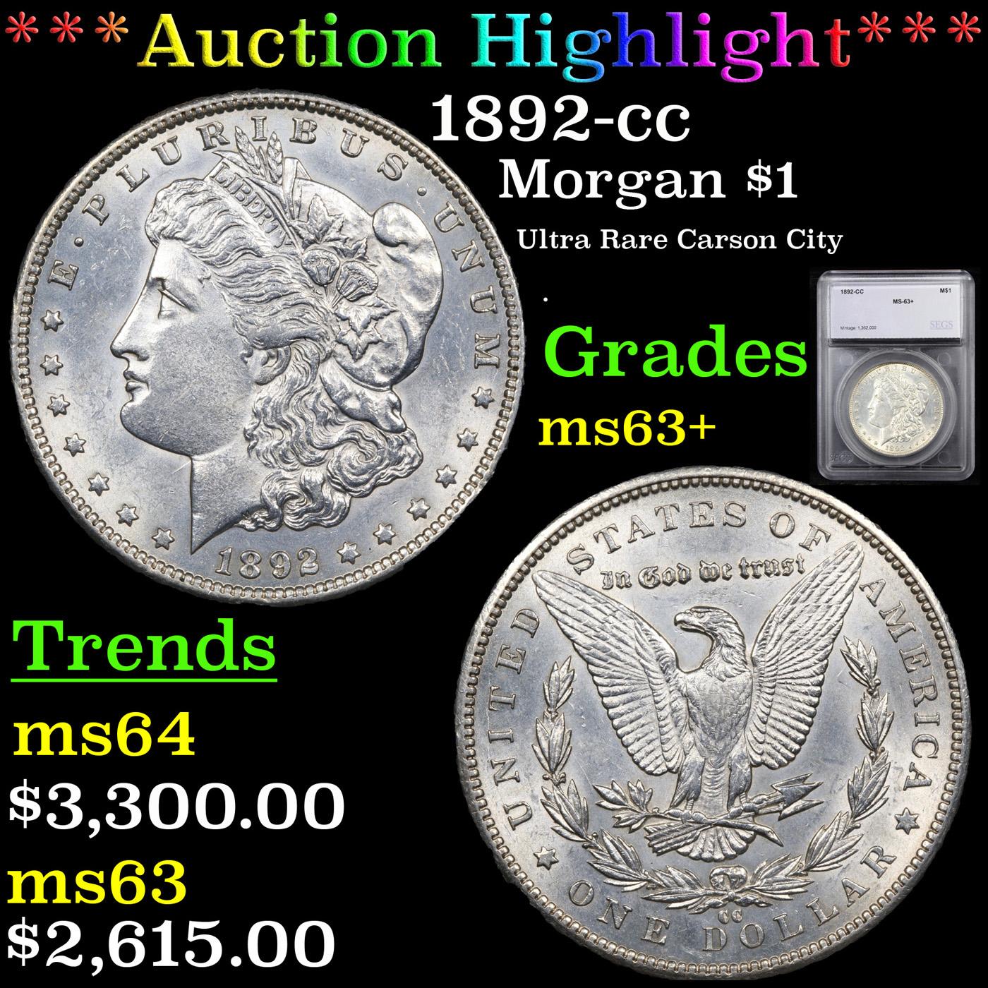 ***Auction Highlight*** 1892-cc Morgan Dollar $1 Graded ms63+ By SEGS (fc)