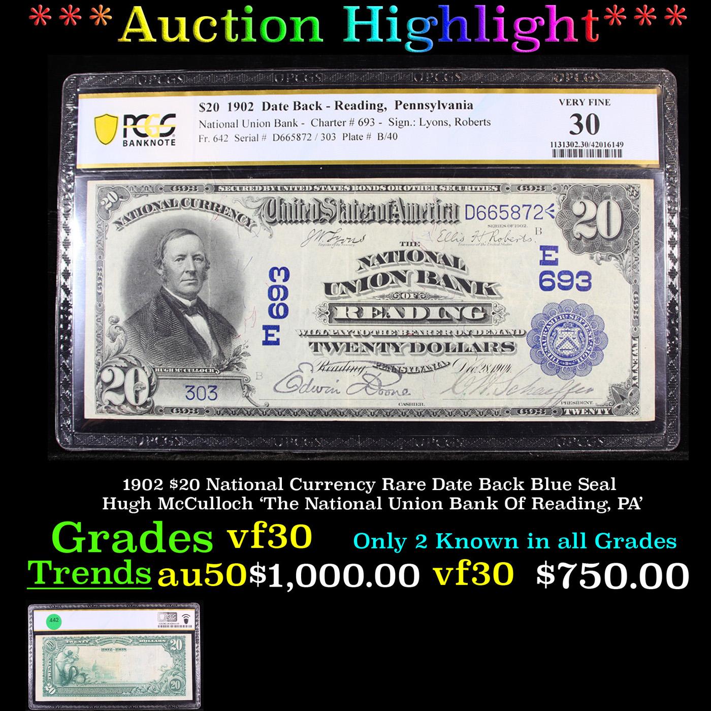 ***Auction Highlight*** PCGS 1902 $20 National Currency Rare Date Back Blue Seal Hugh McCulloch 'The
