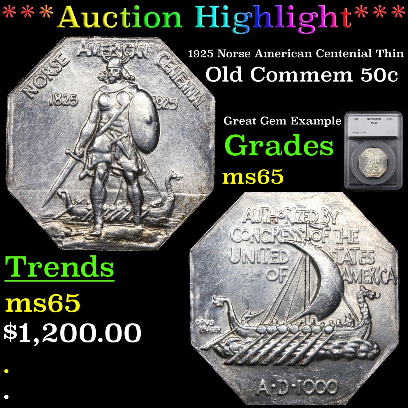 ***Auction Highlight*** 1925 Norse American Centenial Thin Old Commem Half Dollar 50c Graded ms65 By