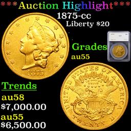 ***Auction Highlight*** 1875-cc Gold Liberty Double Eagle $20 Graded au55 By SEGS (fc)