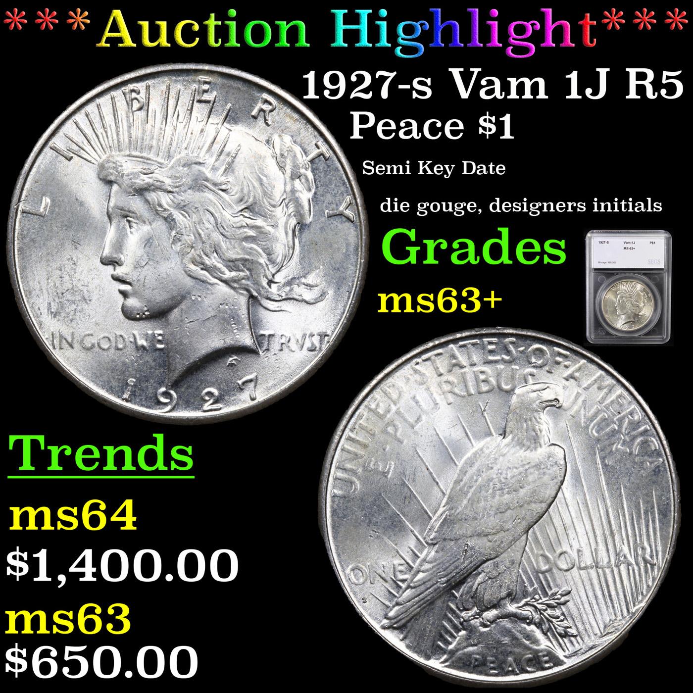 ***Auction Highlight*** 1927-s Vam 1J R5 Peace Dollar $1 Graded ms63+ By SEGS (fc)