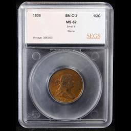 ***Auction Highlight*** 1806 C-3 Draped Bust Half Cent 1/2c Graded ms62 bn By SEGS (fc)