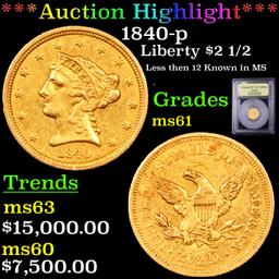 ***Auction Highlight*** 1840-p Gold Liberty Quarter Eagle $2 1/2 Graded BU+ By USCG (fc)