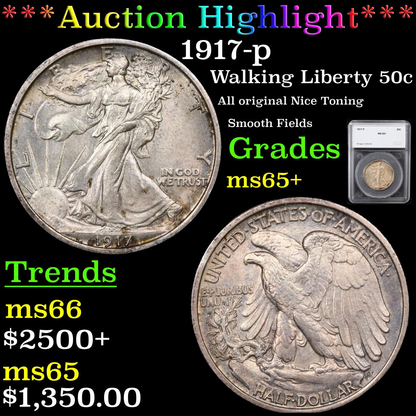 ***Auction Highlight*** 1917-p Walking Liberty Half Dollar 50c Graded ms65+ By SEGS (fc)