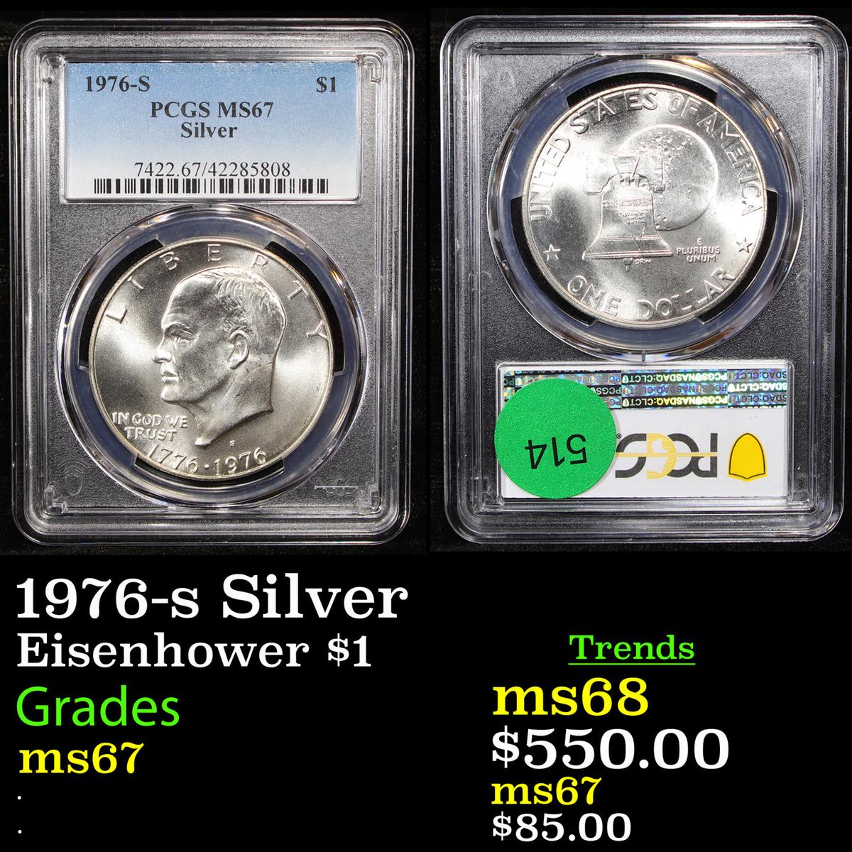 PCGS 1976-s Silver Eisenhower Dollar $1 Graded ms67 By PCGS