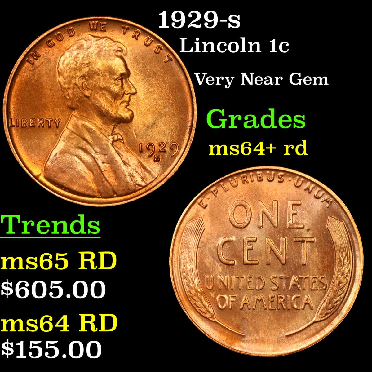 1929-s Lincoln Cent 1c Grades Choice+ Unc RD