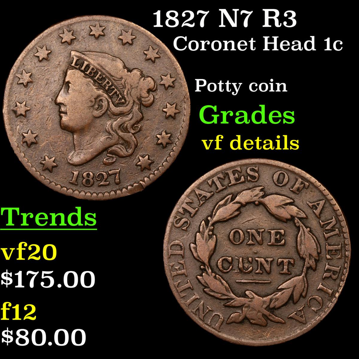 1827 N7 R3 Coronet Head Large Cent 1c Grades vf details