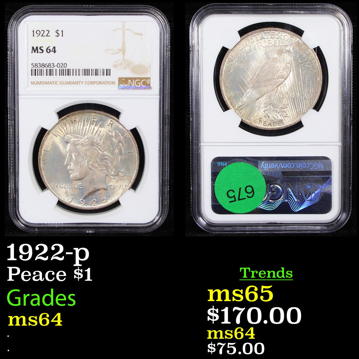 NGC 1922-p Peace Dollar $1 Graded ms64 By NGC