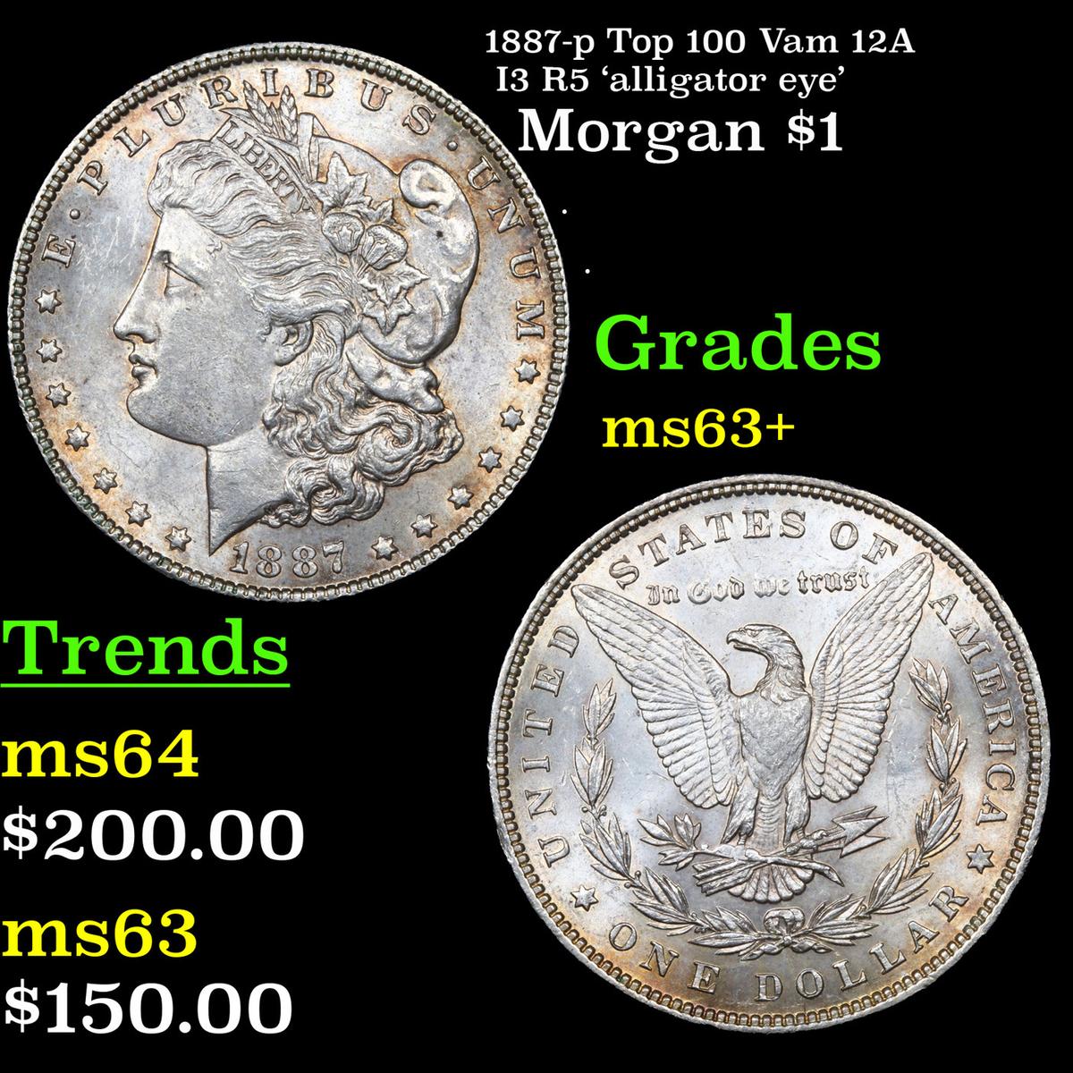 1887-p Top 100 Vam 12A I3 R5 'alligator eye' Morgan Dollar $1 Grades Select+ Unc