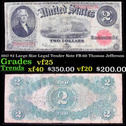1917 $2 Large Size Legal Tender Note FR-60 Thomas Jefferson Grades vf+