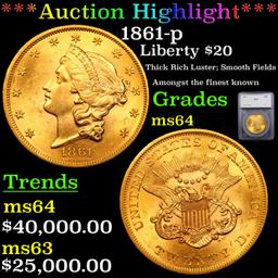 ***Auction Highlight*** 1861-p Gold Liberty Double Eagle $20 Graded ms64 By SEGS (fc)