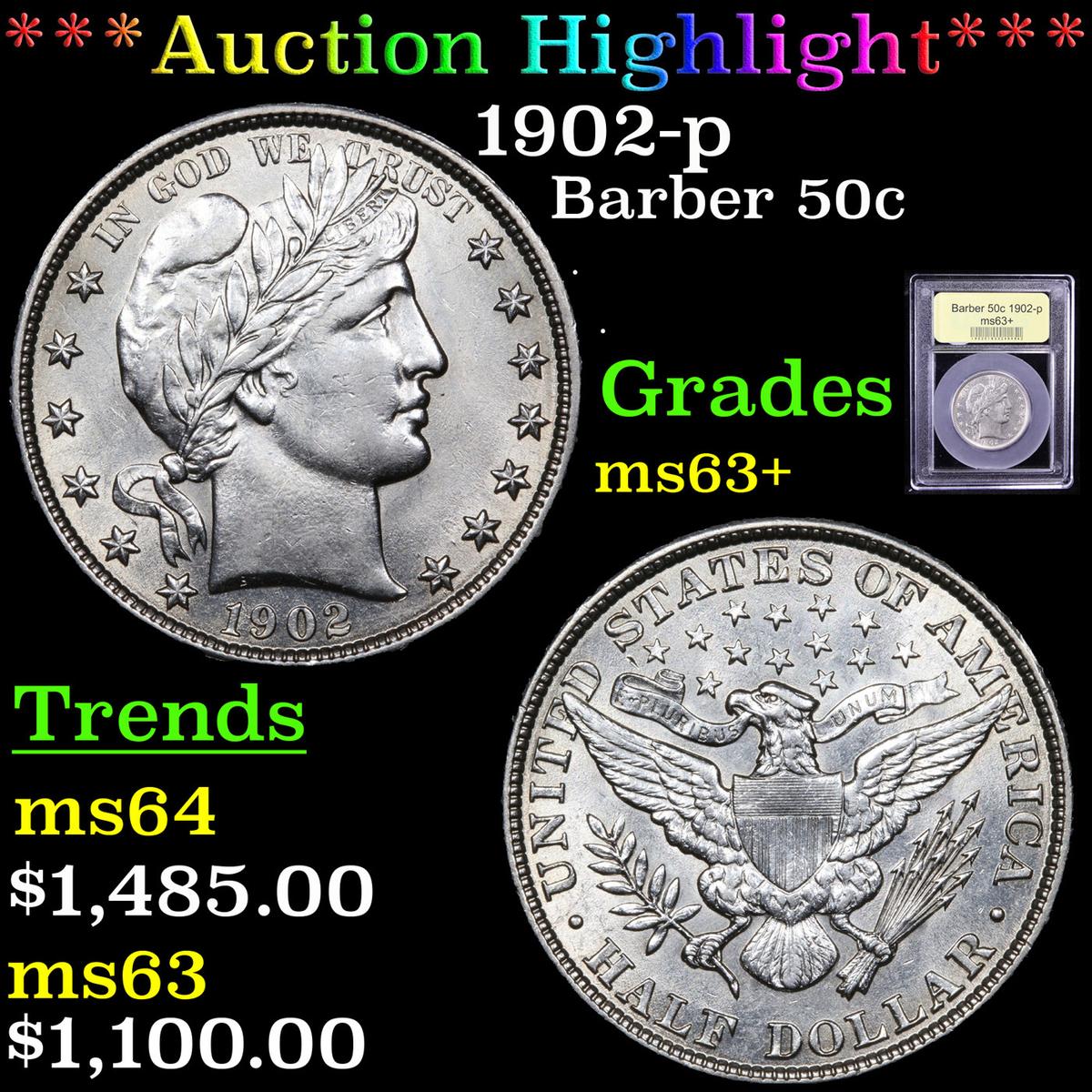 ***Auction Highlight*** 1902-p Barber Half Dollars 50c Graded Select+ Unc By USCG (fc)