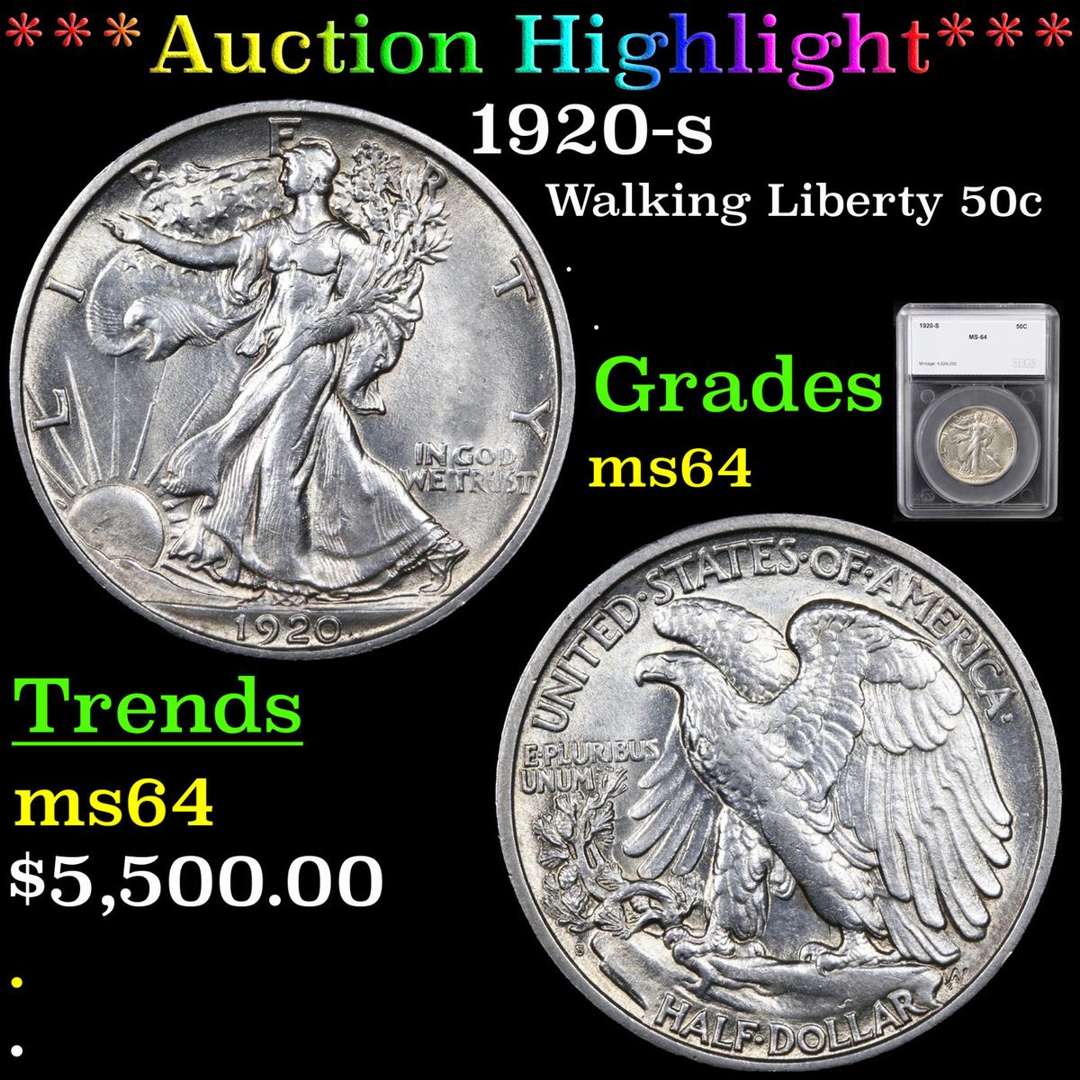 ***Auction Highlight*** 1920-s Walking Liberty Half Dollar 50c Graded ms64 By SEGS (fc)