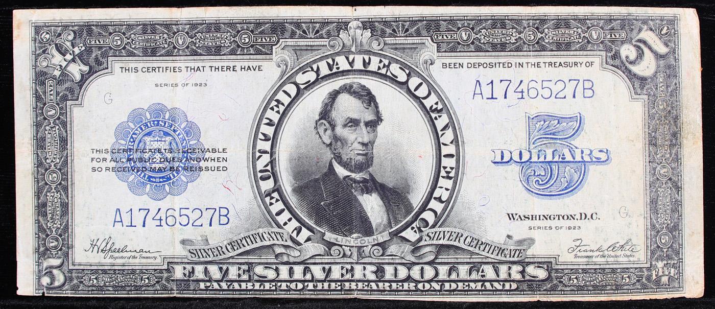 ***Auction Highlight*** 1923 $5 Large Size Silver Certificate "Lincoln Porthole" FR-282 Grades AU, A