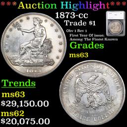 ***Auction Highlight*** 1873-cc Trade Dollar $1 Graded ms63 By SEGS (fc)