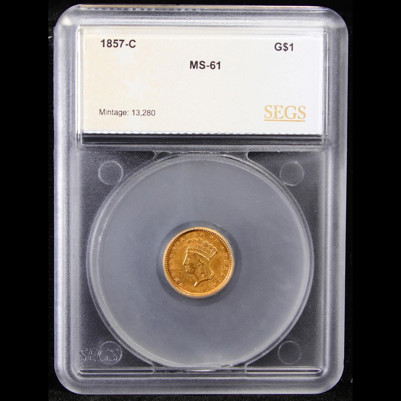 ***Auction Highlight*** 1857-c Charlotte Near TOP POP! Gold Dollar $1 Graded ms61 By SEGS (fc)
