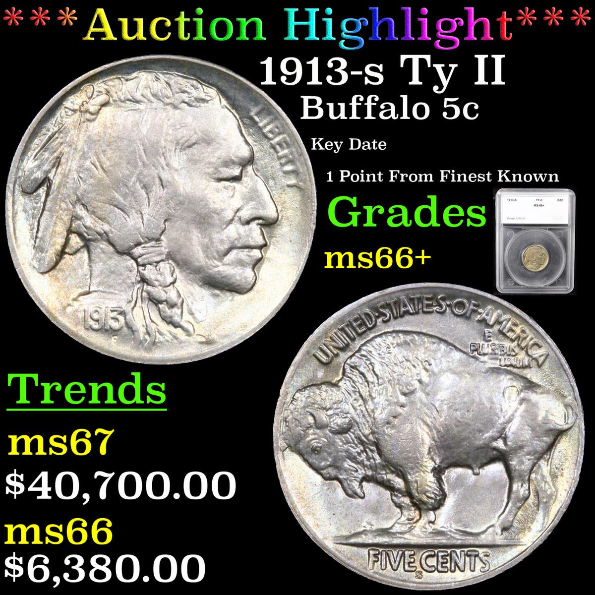 ***Auction Highlight*** 1913-s Ty II Buffalo Nickel 5c Graded ms66+ By SEGS (fc)