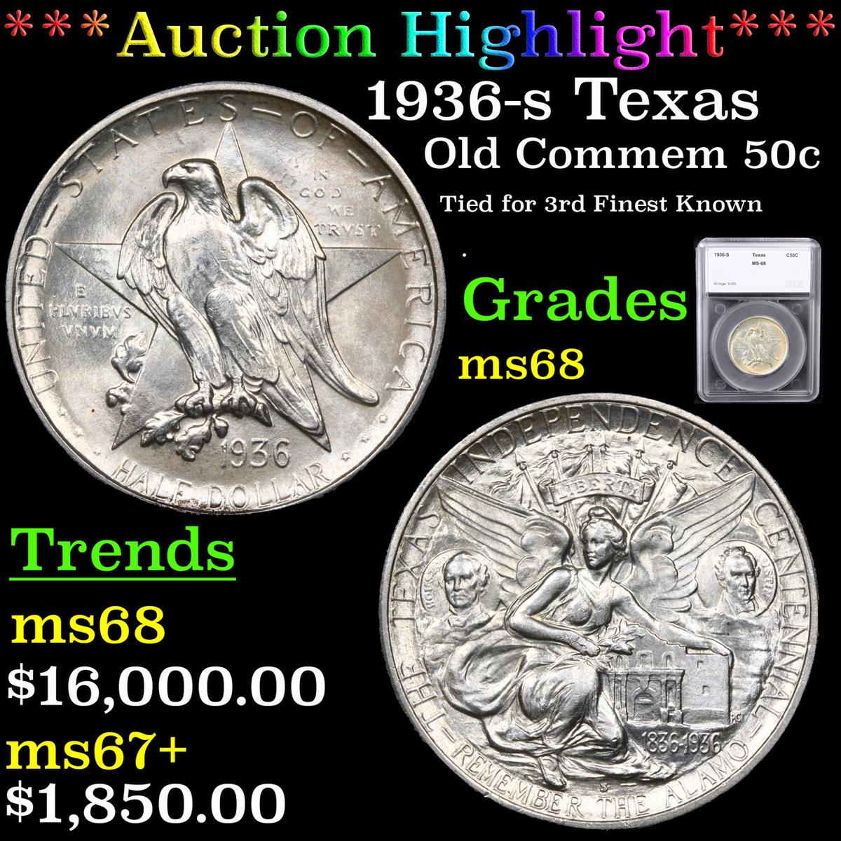 ***Auction Highlight*** 1936-s Texas Old Commem Half Dollar 50c Graded ms68 By SEGS (fc)