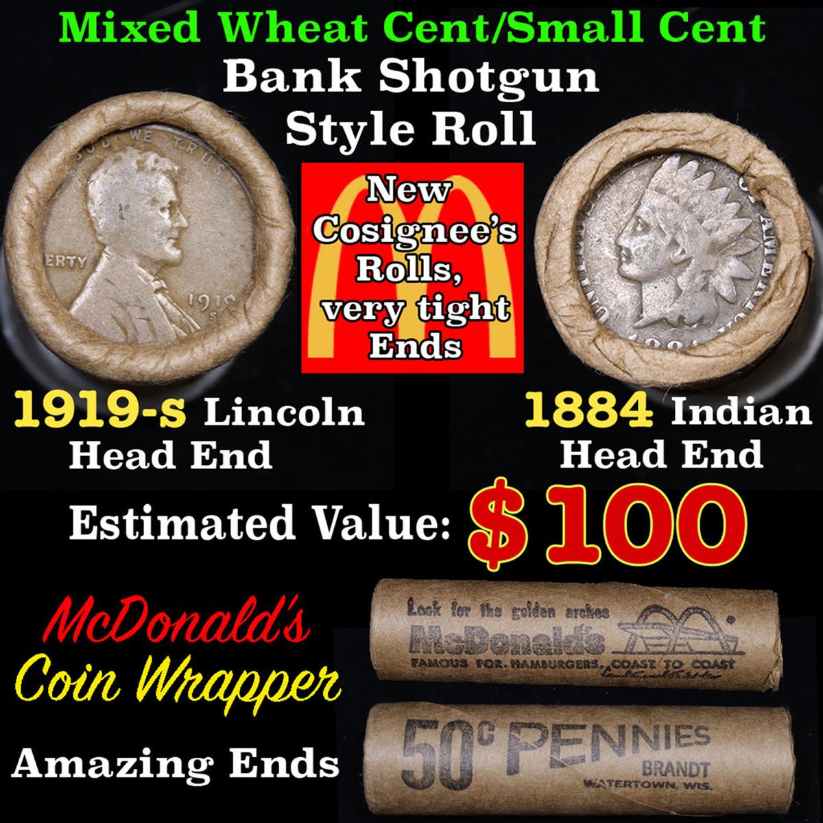 Mixed small cents 1c orig shotgun roll, 1919-s Wheat Cent, 1884 Indian Cent other end, McDonalds Wra