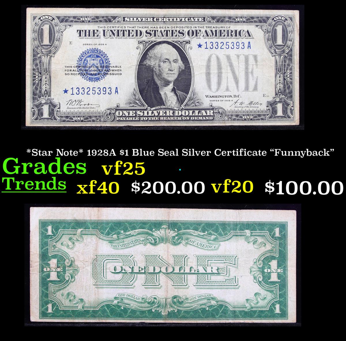 *Star Note* 1928A $1 Blue Seal Silver Certificate "Funnyback" Grades vf+