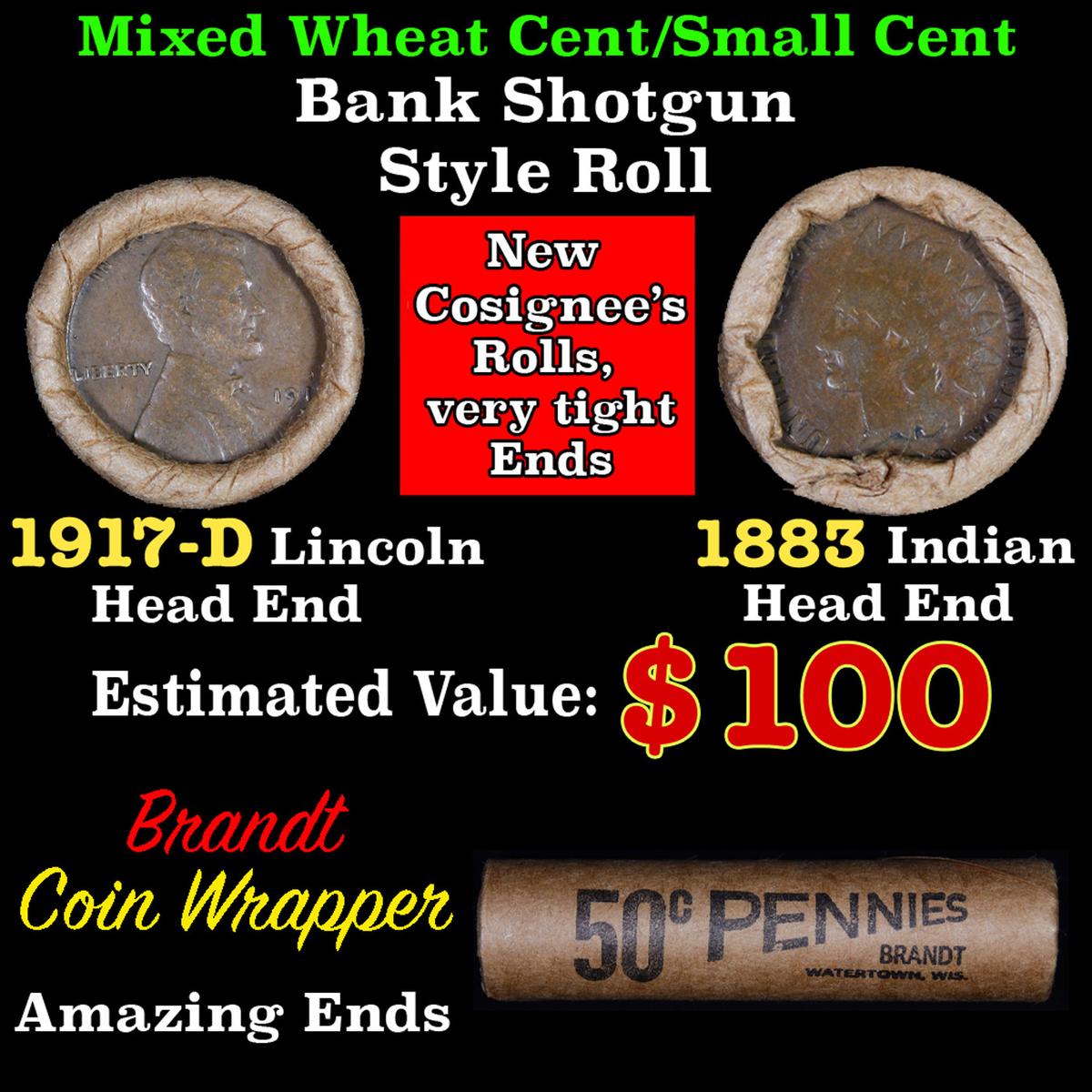 Mixed small cents 1c orig shotgun roll, 1917-d Wheat Cent, 1883 Indian Cent other end, Brandt Wrappe