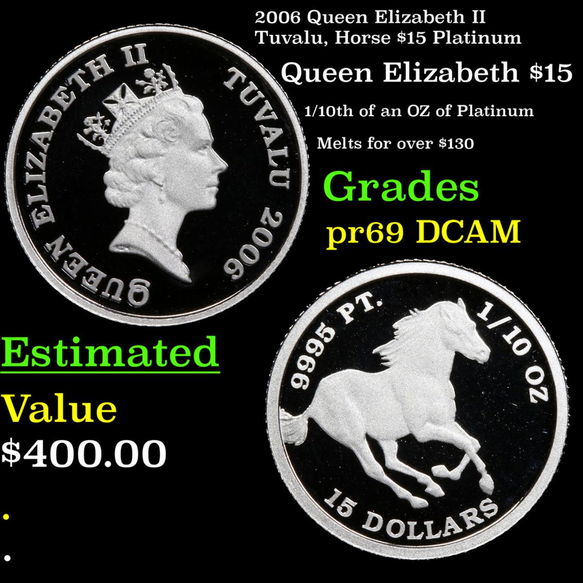 Proof 2006 Queen Elizabeth II Tuvalu, Horse $15 Platinum Grades GEM++ Proof Deep Cameo