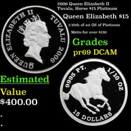 Proof 2006 Queen Elizabeth II Tuvalu, Horse $15 Platinum Grades GEM++ Proof Deep Cameo