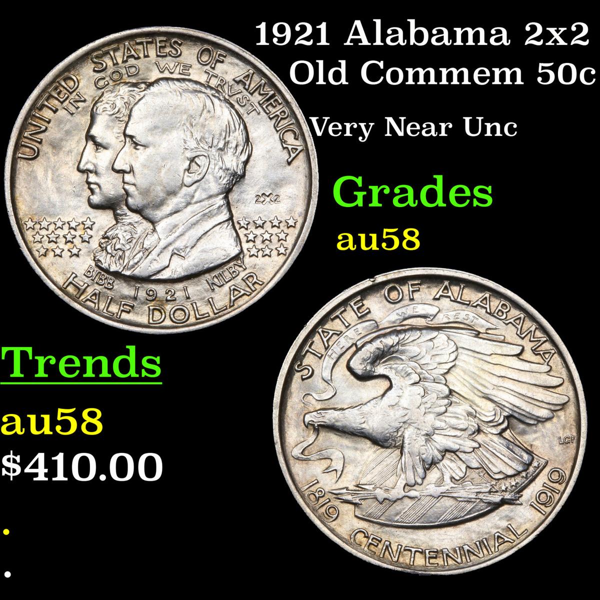 1921 Alabama 2x2 Old Commem Half Dollar 50c Grades Choice AU/BU Slider