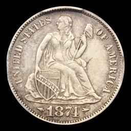 ***Auction Highlight*** 1874-cc Arrows Seated Liberty Dime 10c Graded au50 details By SEGS (fc)