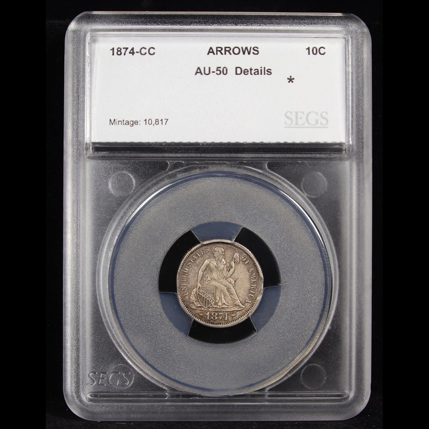 ***Auction Highlight*** 1874-cc Arrows Seated Liberty Dime 10c Graded au50 details By SEGS (fc)