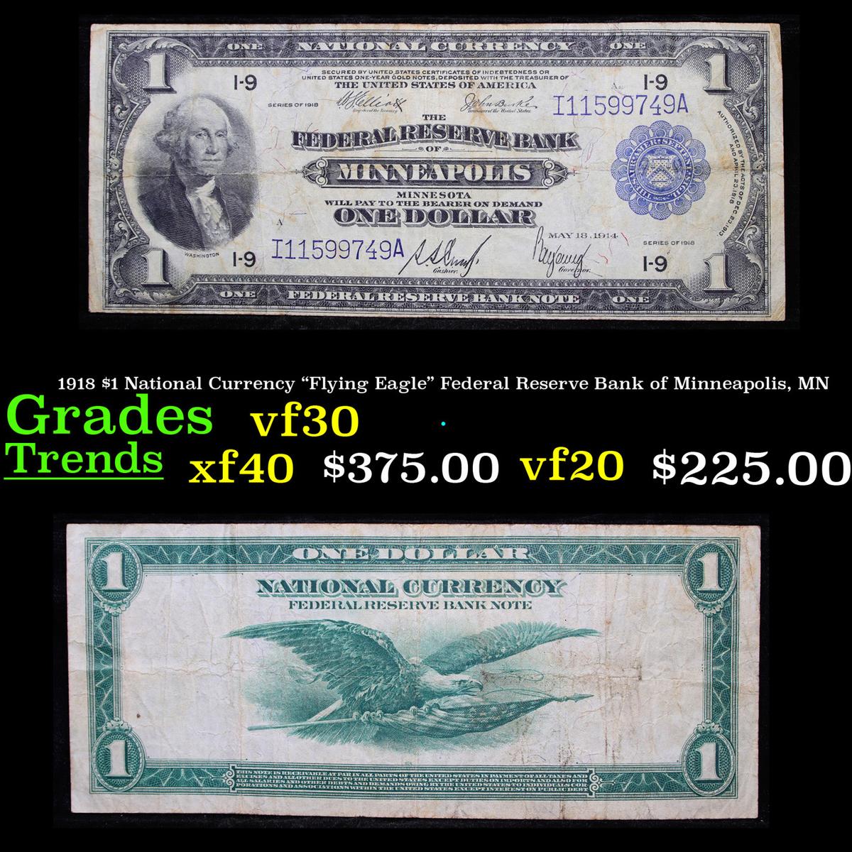 1918 $1 National Currency "Flying Eagle" Federal Reserve Bank of Minneapolis, MN Grades vf++