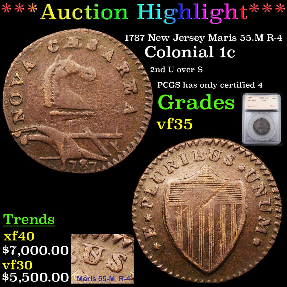 ***Auction Highlight*** 1787 New Jersey Maris 55.M R-4 Colonial Cent 1c Graded vf35 By SEGS (fc)