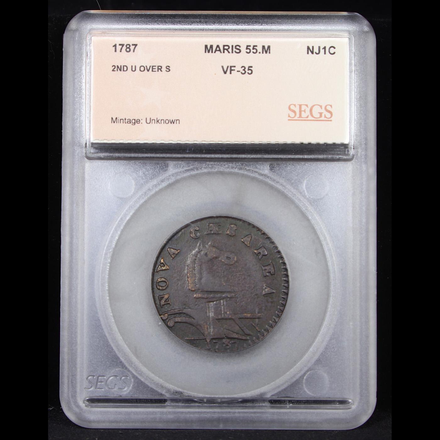 ***Auction Highlight*** 1787 New Jersey Maris 55.M R-4 Colonial Cent 1c Graded vf35 By SEGS (fc)