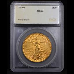 ***Auction Highlight*** 1913-d Saint-Gaudens $20 Gold Double Eagle Graded au58 By SEGS (fc)