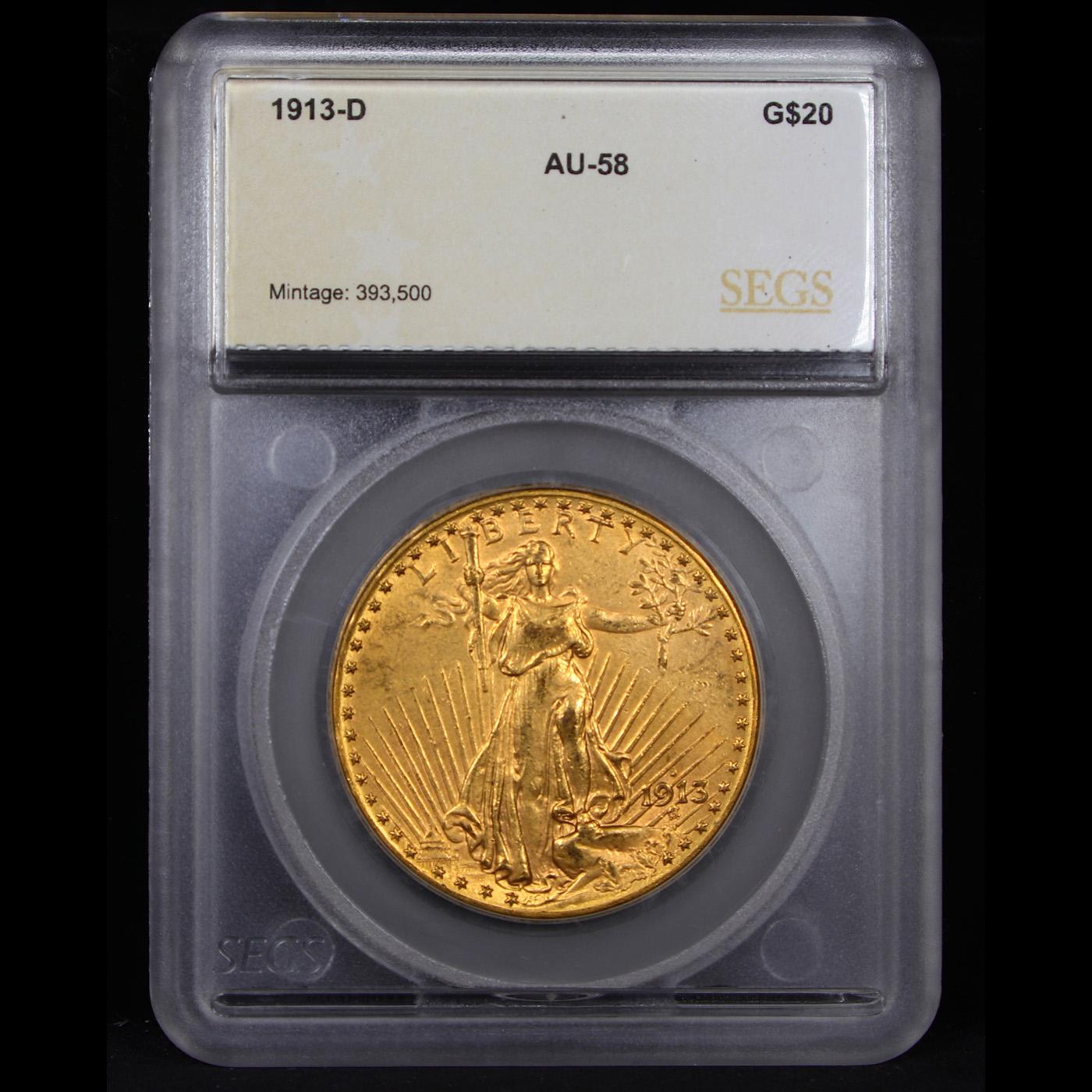 ***Auction Highlight*** 1913-d Saint-Gaudens $20 Gold Double Eagle Graded au58 By SEGS (fc)